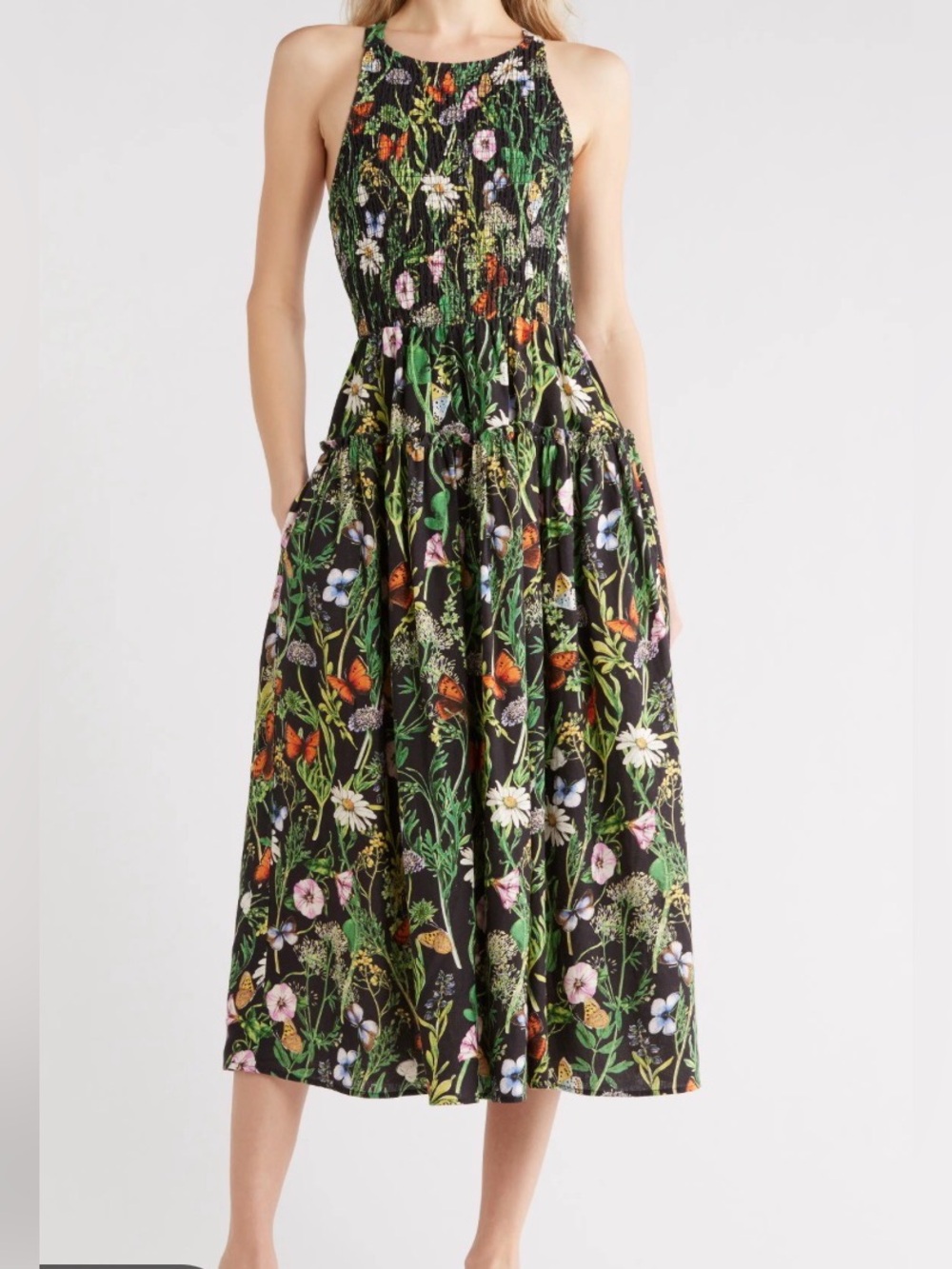Avec Les Filles Floral Butterfly Smocked Midi Dress Linen